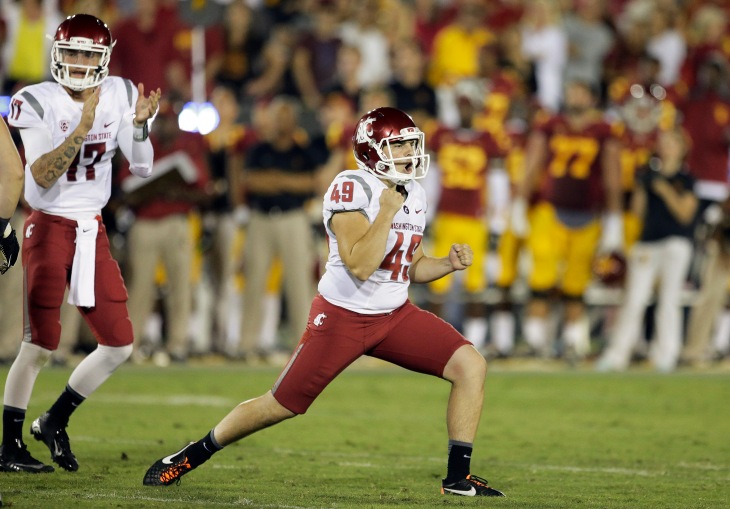 Washington State kicker Andrew Furney celebrates his go-ahead 41-yard field goal with 3:03 to play against Southern California on Saturday. Photo Courtesy: (AP Photo/Chris Carlson)
